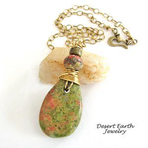 Handmade Wire Wrapped Natural Pink Green Unakite Stone Necklace on Brass Chain